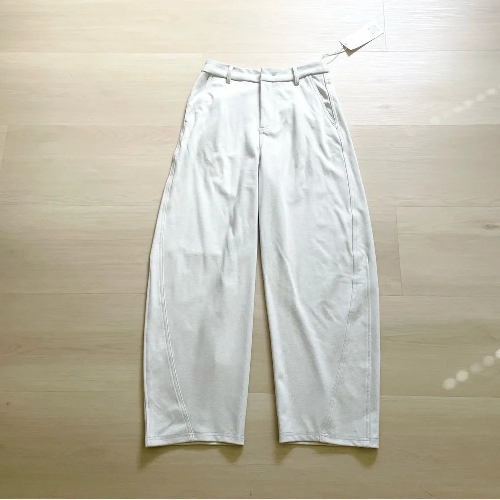 OuXiaoCang Dusty White High Waisted Barrel Leg Trousers Minimalist Chic Pants S